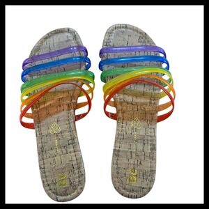 BC Footwear Rainbow Jelly Strap Cork Sandals Slides Vegan Size 9.5